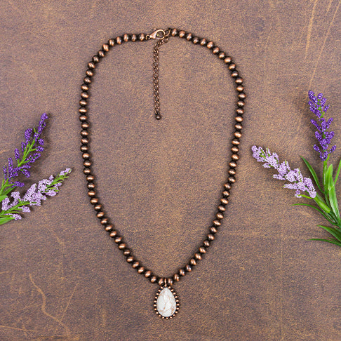 72674 - Beaded Turquoise Stone Necklace - Ivory & Copper