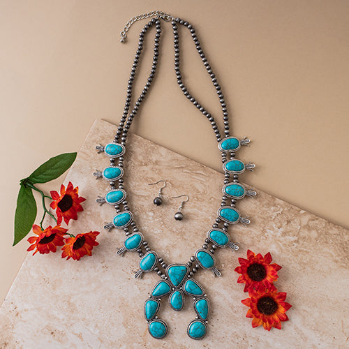 72686 - Squash Blossom Necklace - Turquoise and Silver - Fashion Jewelry Wholesale