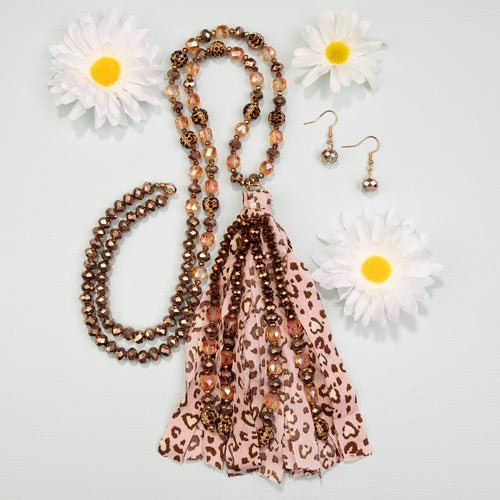 72710 - Animal Print Beaded Tassel Necklace - Rose Gold