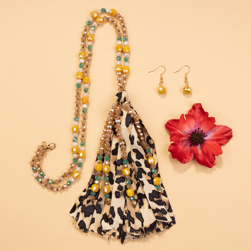 72717 - Animal Print Beaded Tassel Necklace - Leopard