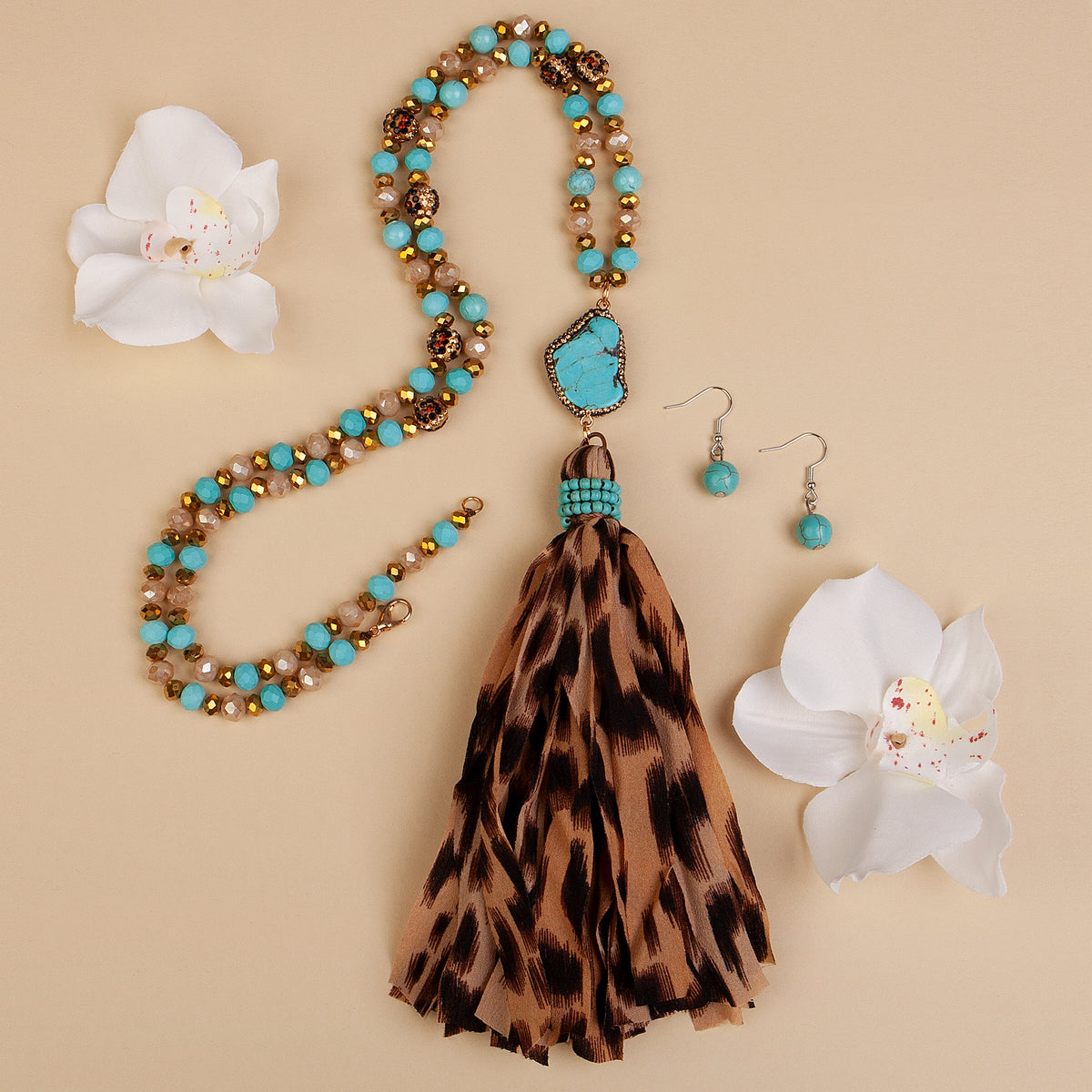 72724 - Squash Blossom Tassel Necklace - Turquoise & Leopard