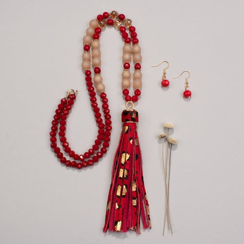 72734 - Leopard Beaded Tassel Necklace - Fashion Jewelry Wholesale