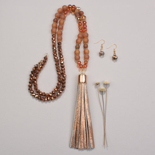 72734 - Animal Print Beaded Tassel Necklace - Rose Gold