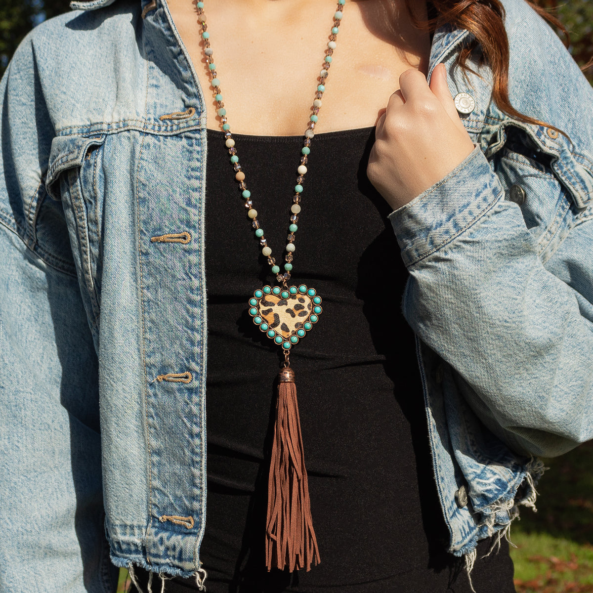 72737 - Beaded Leopard Heart Necklace - Amazonite - Fashion Jewelry Wholesale