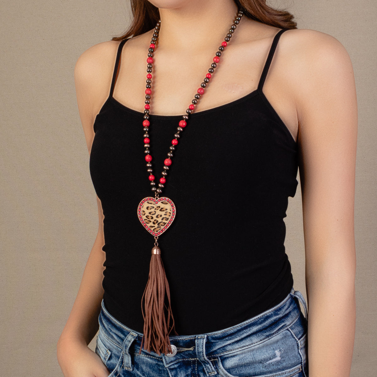 72741 - Tassel Leopard Heart Necklace - Red & Copper