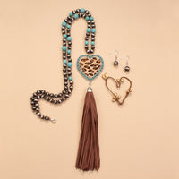 Load image into Gallery viewer, 72741 - Tassel Leopard Heart Necklace - Turquoise &amp; Silver
