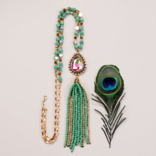 72771 - Rhinestone Beaded Tassel Necklace - Turquoise - Fashion Jewelry Wholesale