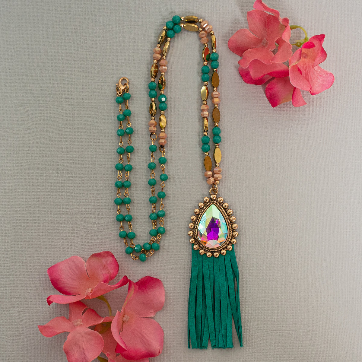 72782 - Crystal Tassel Necklace - Turquoise