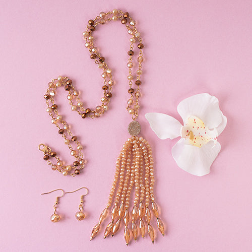 72786 - Crystal Beaded Tassel Necklace - Champagne