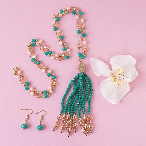 72786 - Crystal Beaded Tassel Necklace - Turquoise