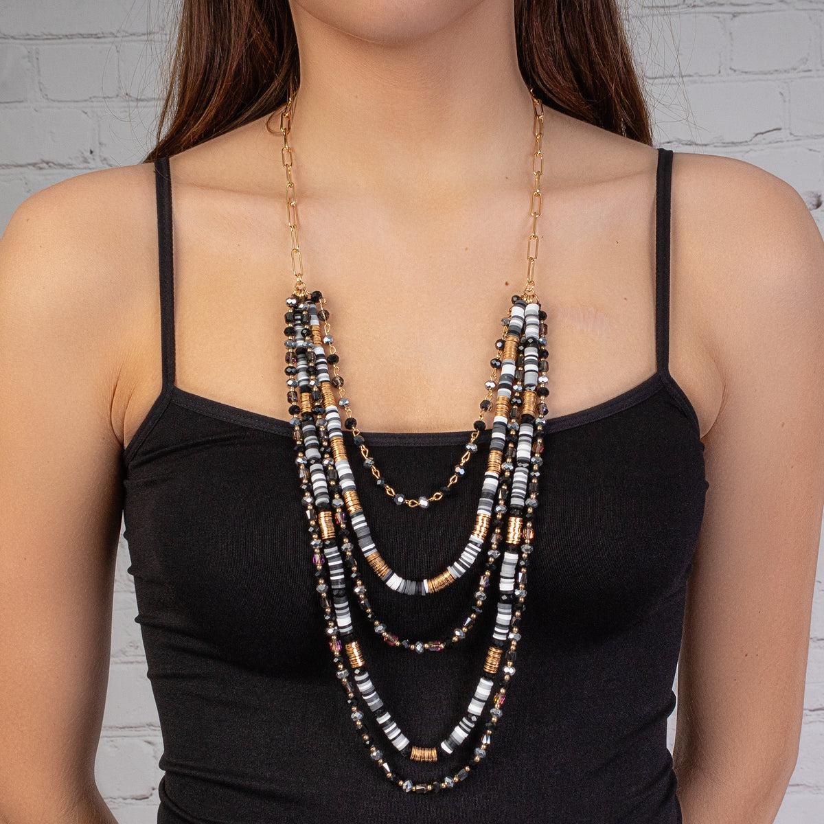 72796 - Layered Crystal Beaded Necklace - Black