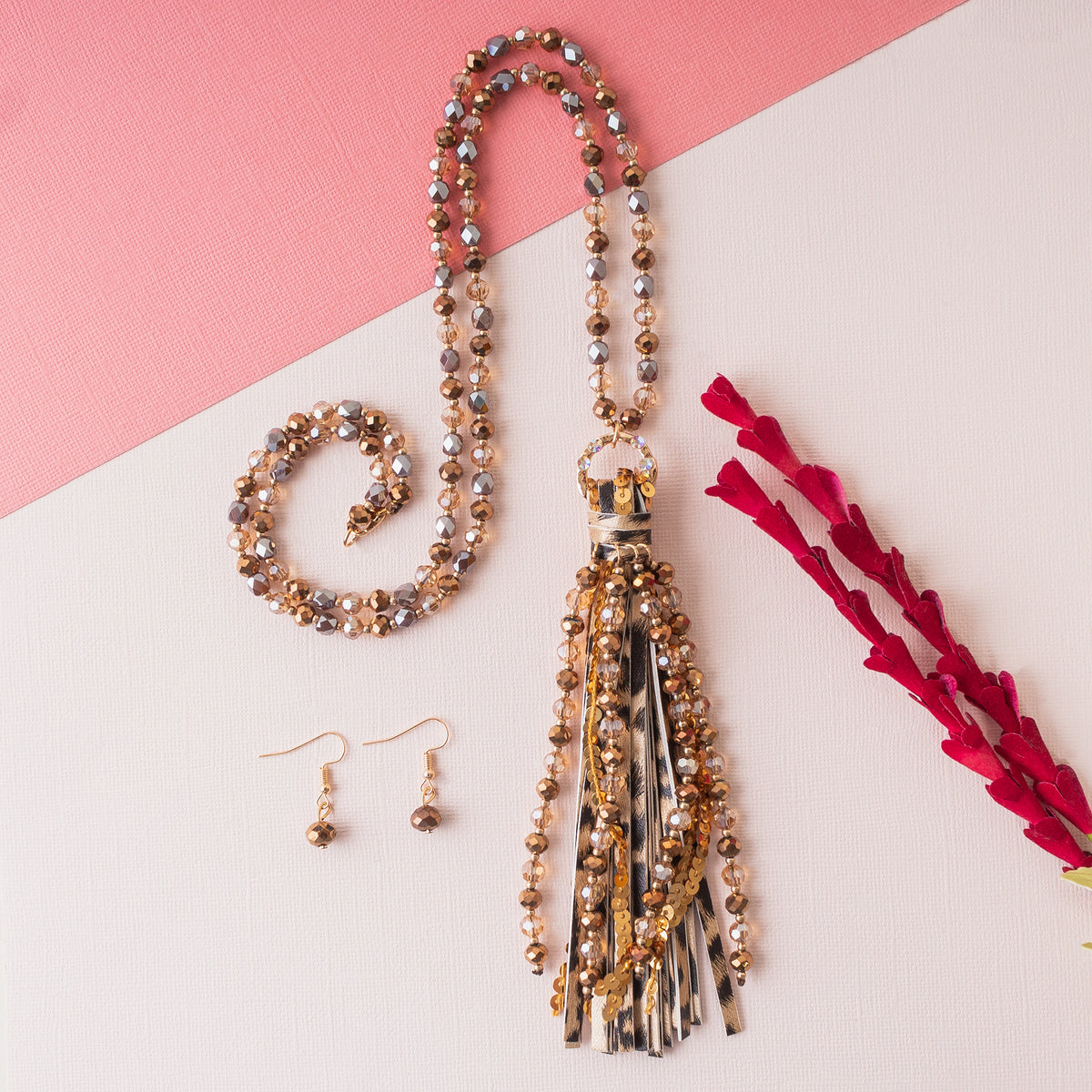 72798 - Animal Print Beaded Tassel Necklace - Brown