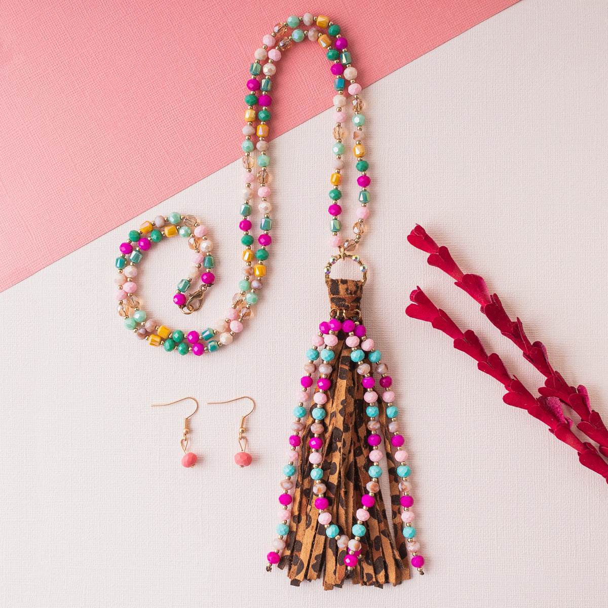 72798 - Animal Print Beaded Tassel Necklace - Multi