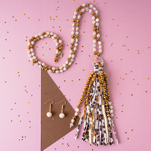 72799 - Animal Print Beaded Tassel Necklace - Beige