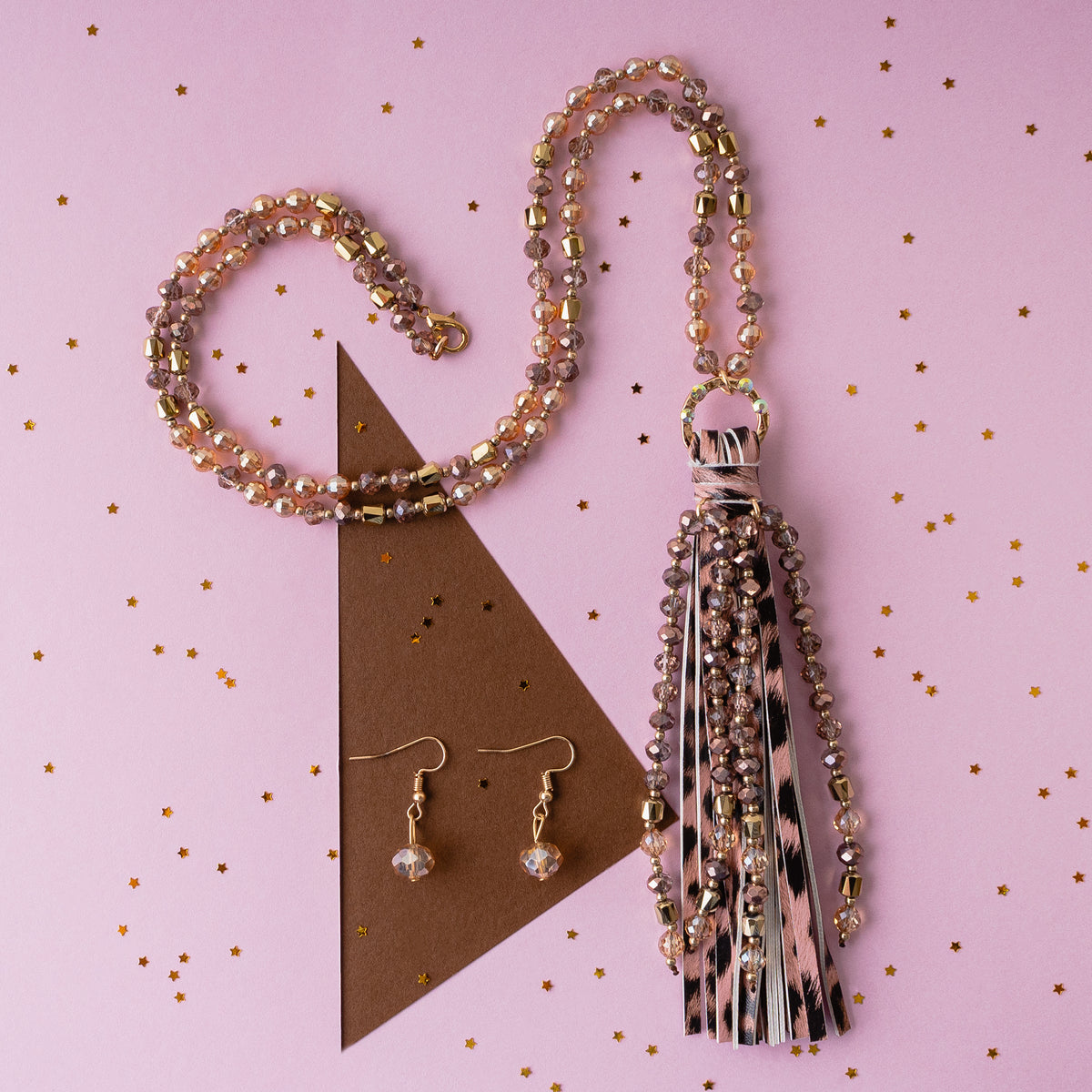 72799 - Animal Print Beaded Tassel Necklace - Rose Gold