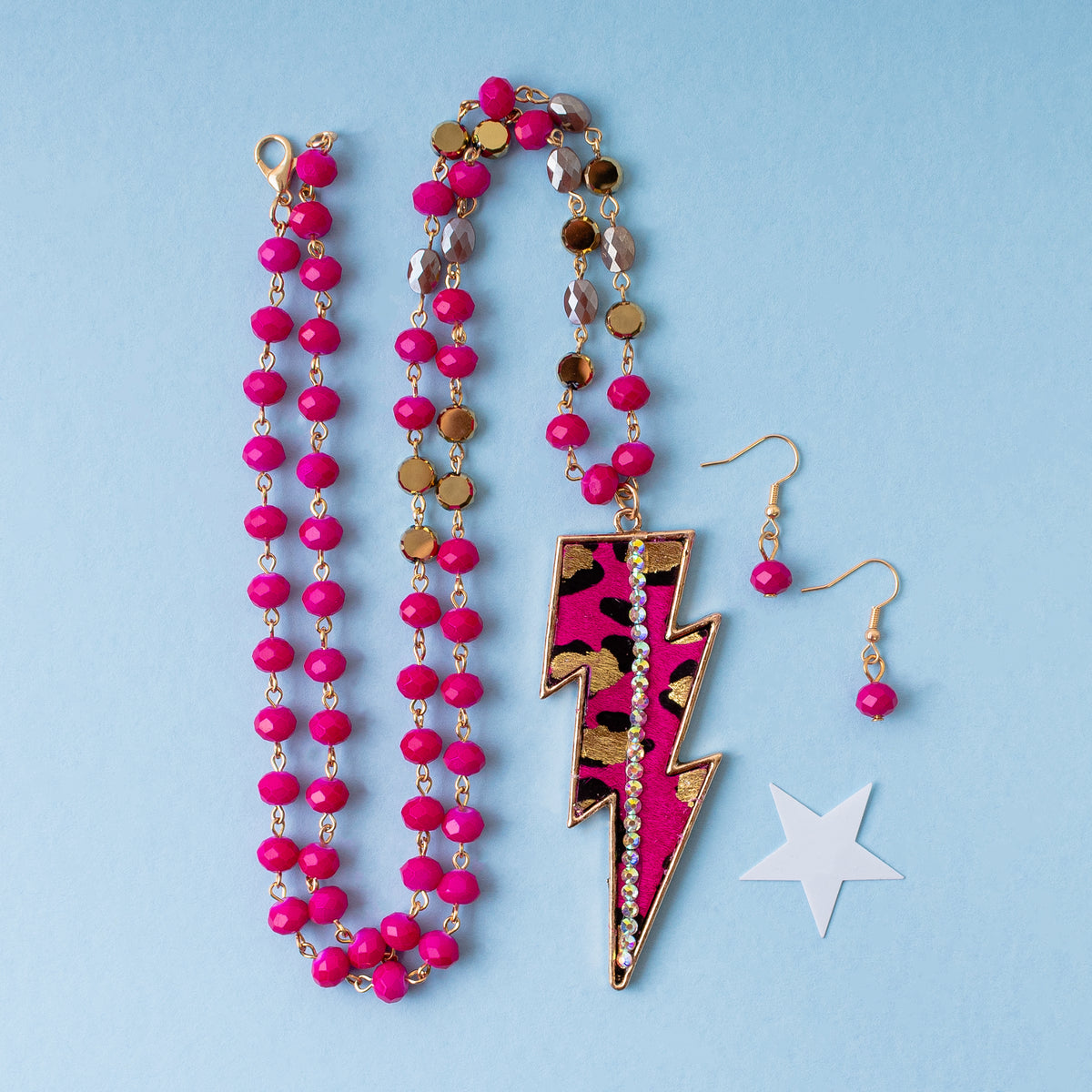 72807 - Animal Print Lightning Bolt Necklace - Fuchsia