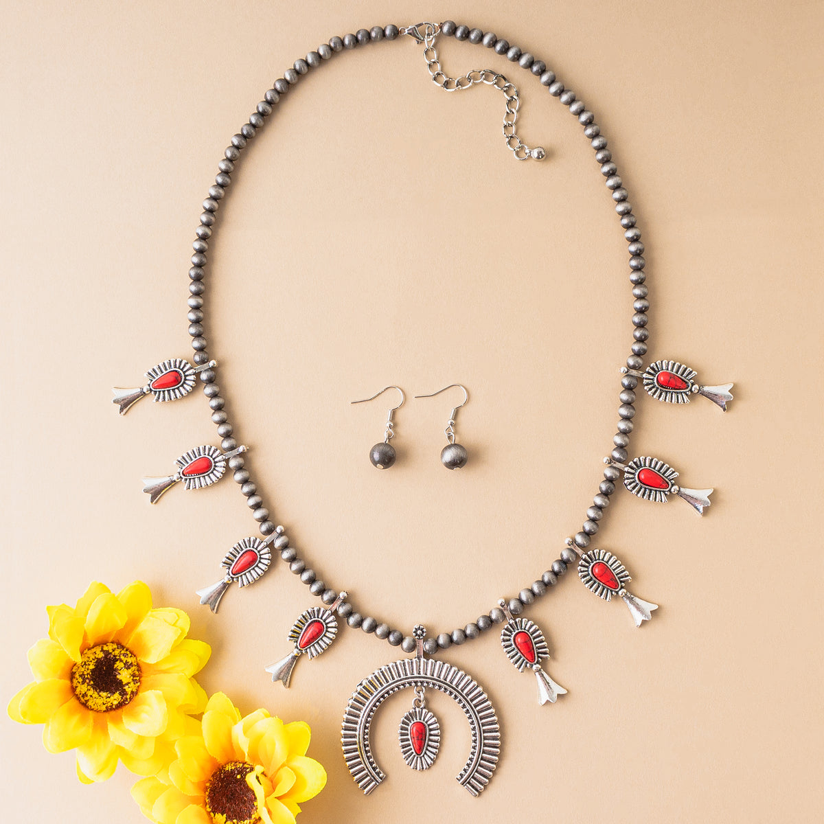 72810 - Squash Blossom Necklace - Red & Silver