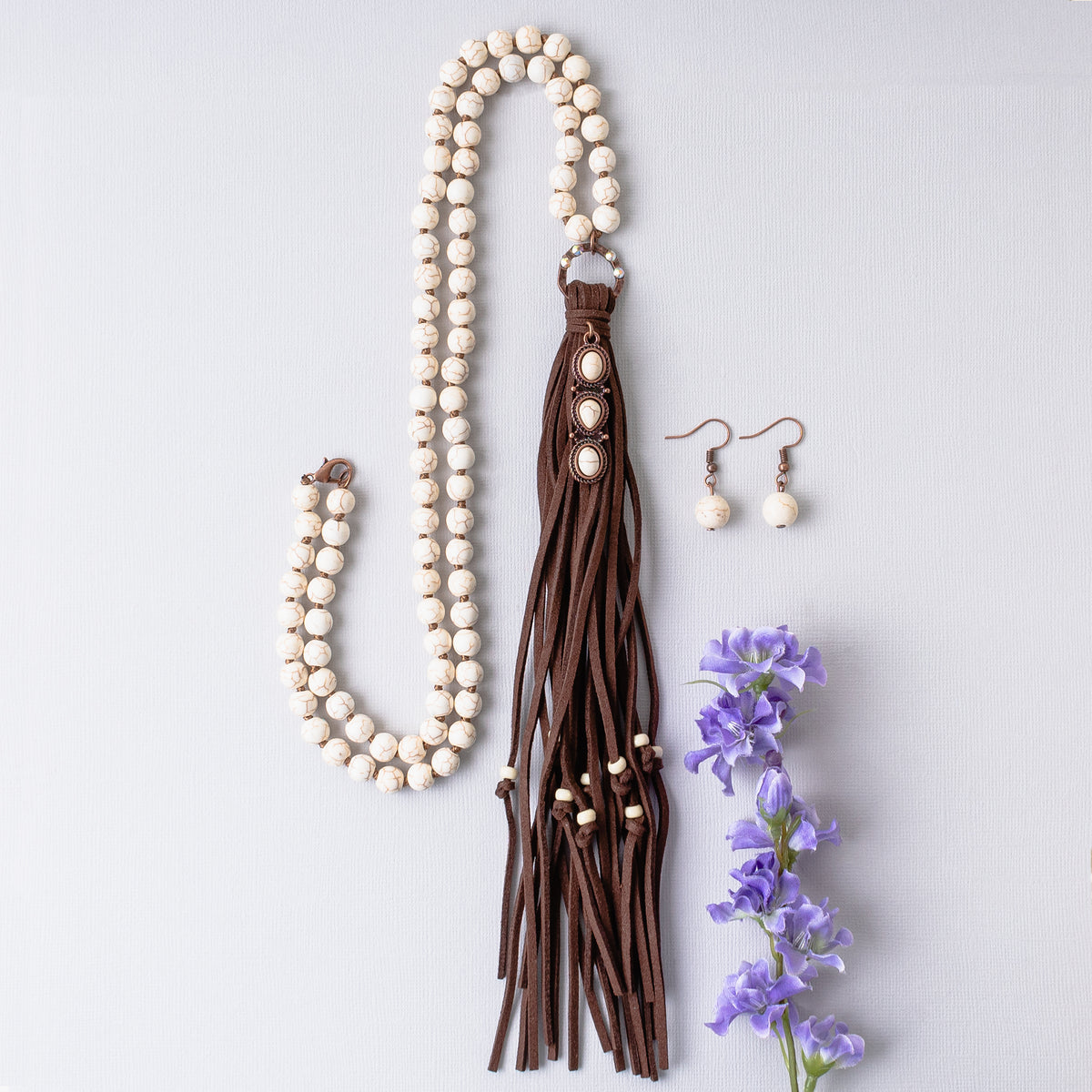72813 - Turquoise Beaded Tassel Necklace - Ivory