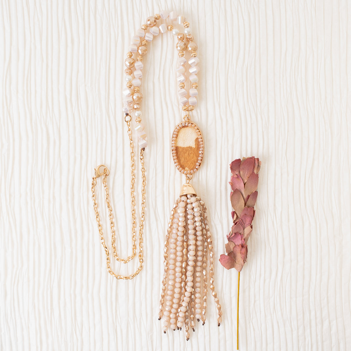 72823 - Animal Print Beaded Tassel Necklace - Beige