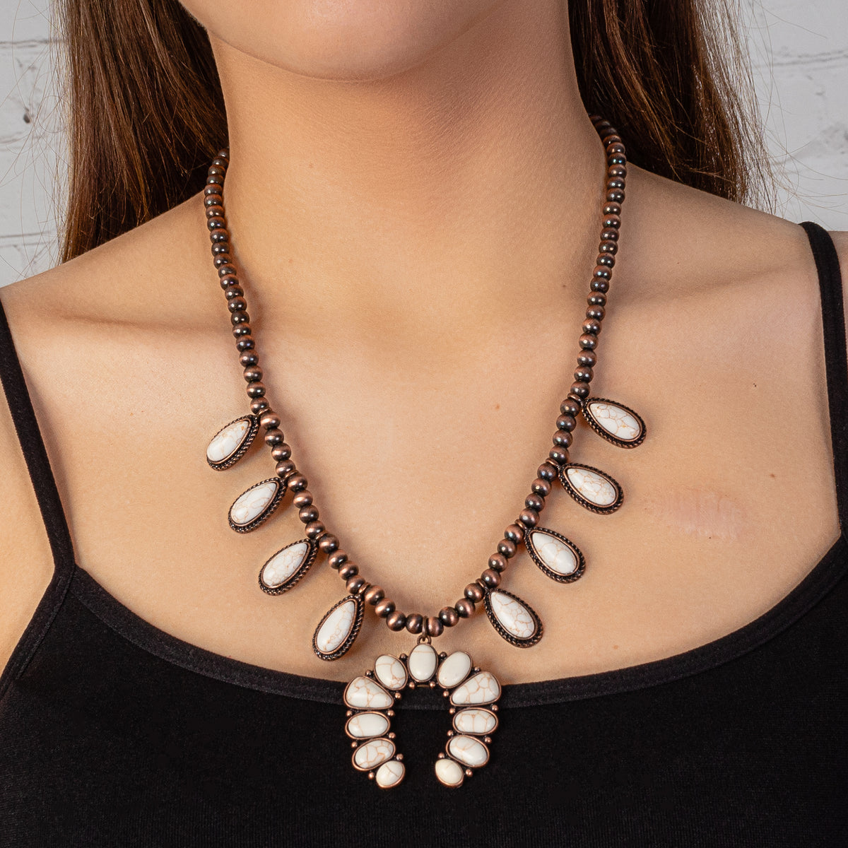 72842 - Squash Blossom Necklace - Ivory & Copper - Fashion Jewelry Wholesale