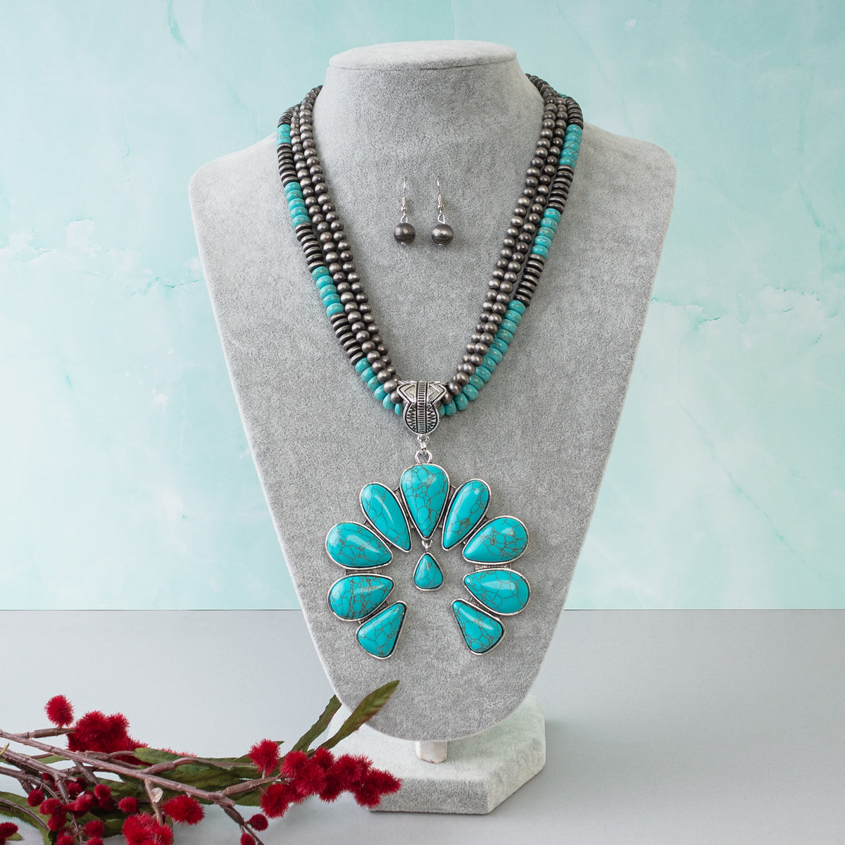 72844 - Squash Blossom Necklace - Turquoise & Silver