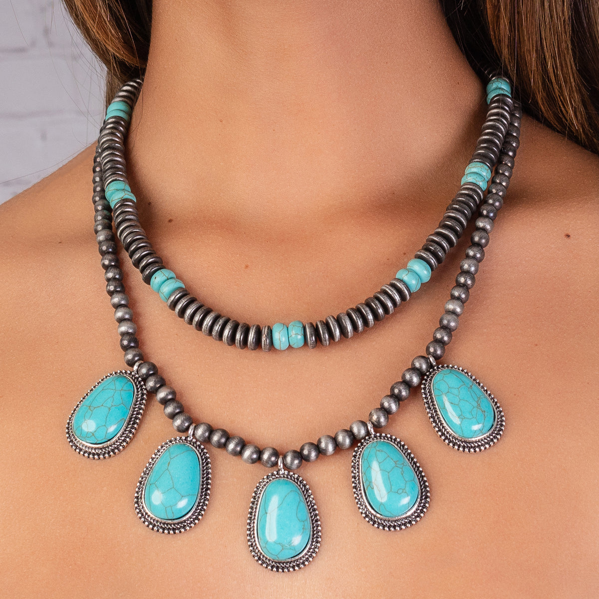 72850 - Layered Squash Blossom Necklace - Turquoise & Silver