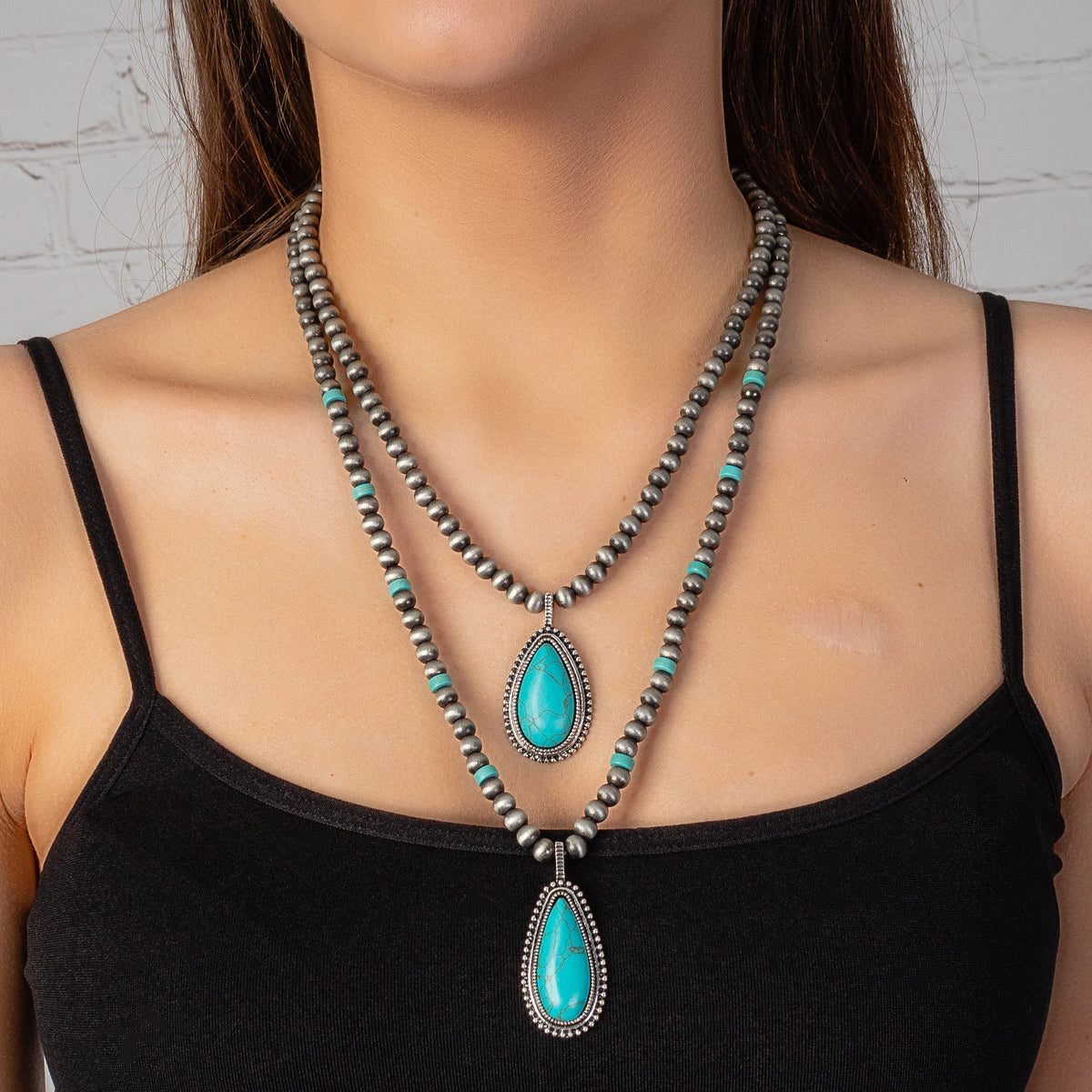 72853 - Squash Blossom Pendant Necklace - Turquoise & Silver