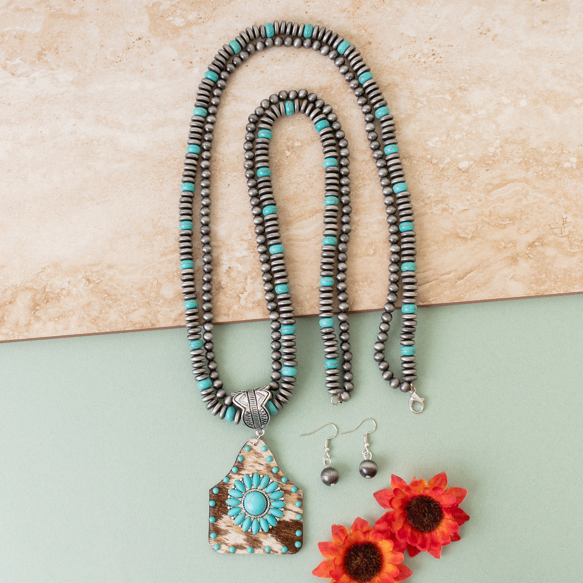 72859 - Squash Blossom Animal Hide Necklace - Turquoise & Silver