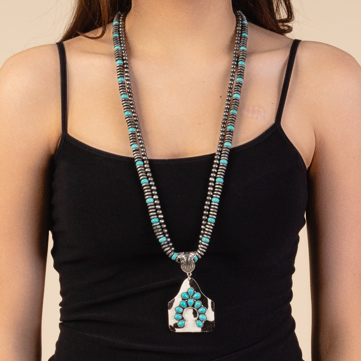 72860 - Squash Blossom Animal Hide Necklace - Turquoise & Silver