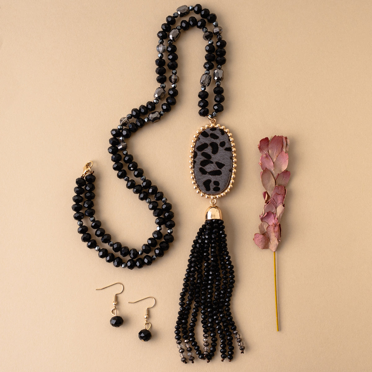 72865 - Animal Hide Beaded Tassel Necklace - Black - Fashion Jewelry Wholesale