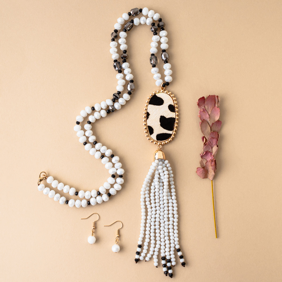 72865 - Animal Hide Beaded Tassel Necklace - White - Fashion Jewelry Wholesale