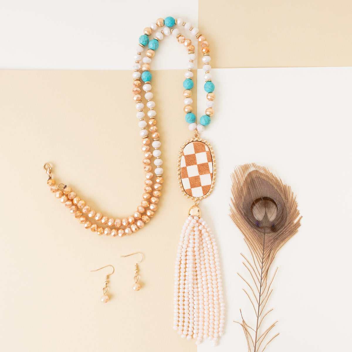 72873 - Animal Print Beaded Tassel Necklace - Brown