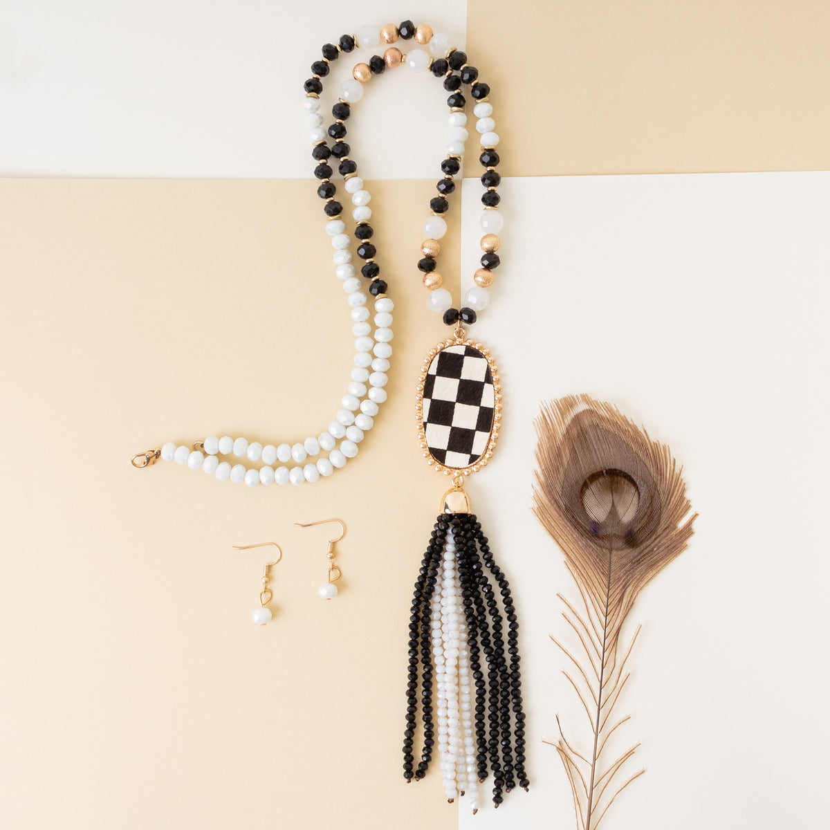 72873 - Animal Print Beaded Tassel Necklace - White