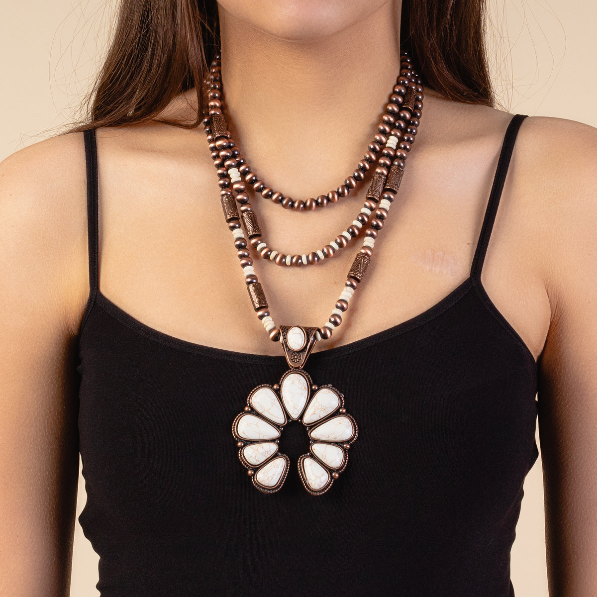 72890 - Layered Squash Blossom Necklace - Ivory & Copper