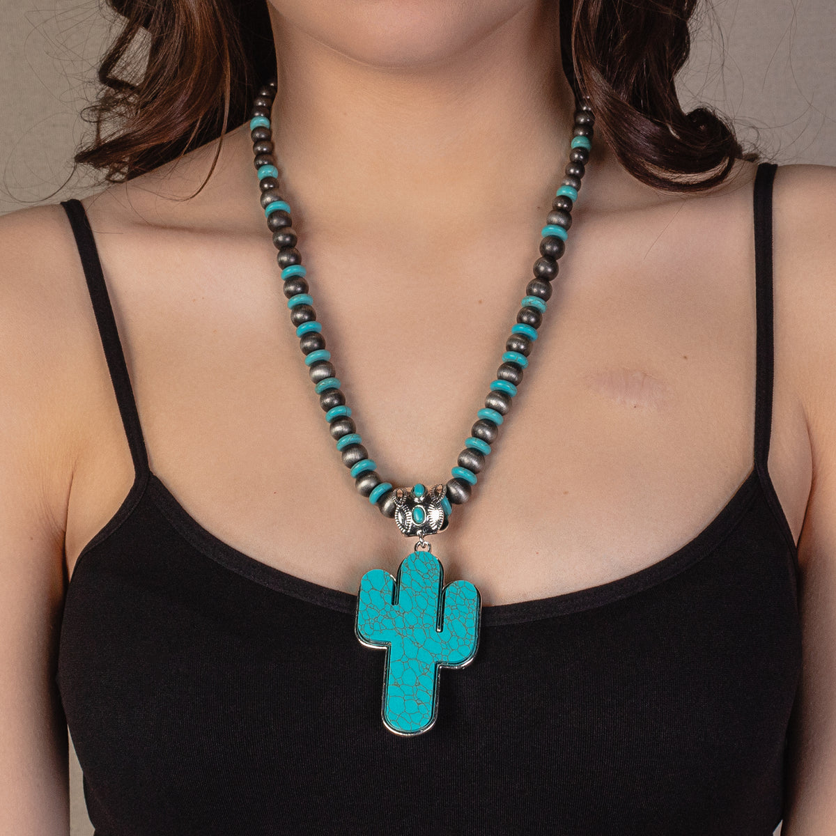 72893 - Cactus Pendant Squash Blossom Necklace - Turquoise & Silver