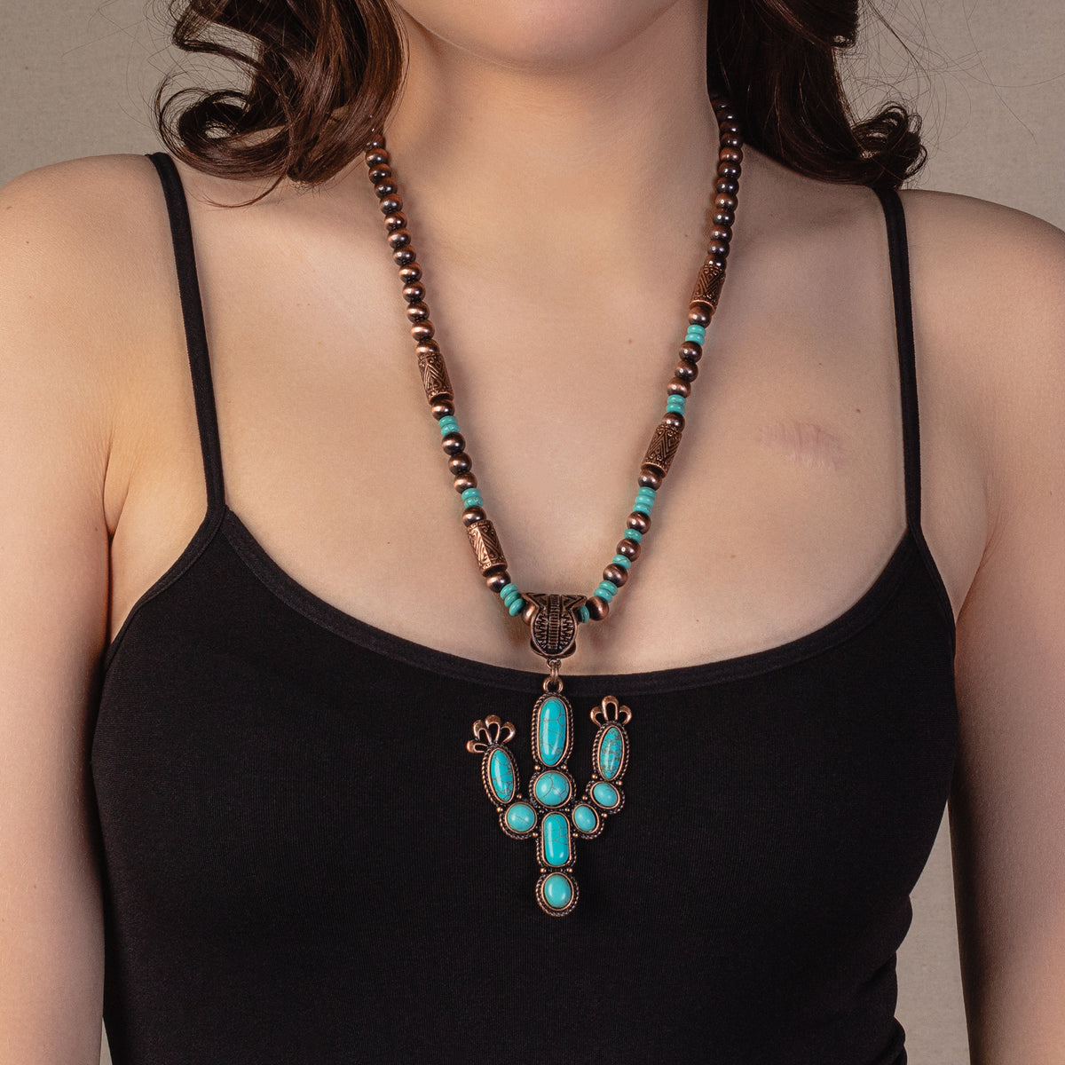 72894 - Squash Blossom Cactus Necklace - Turquoise & Copper