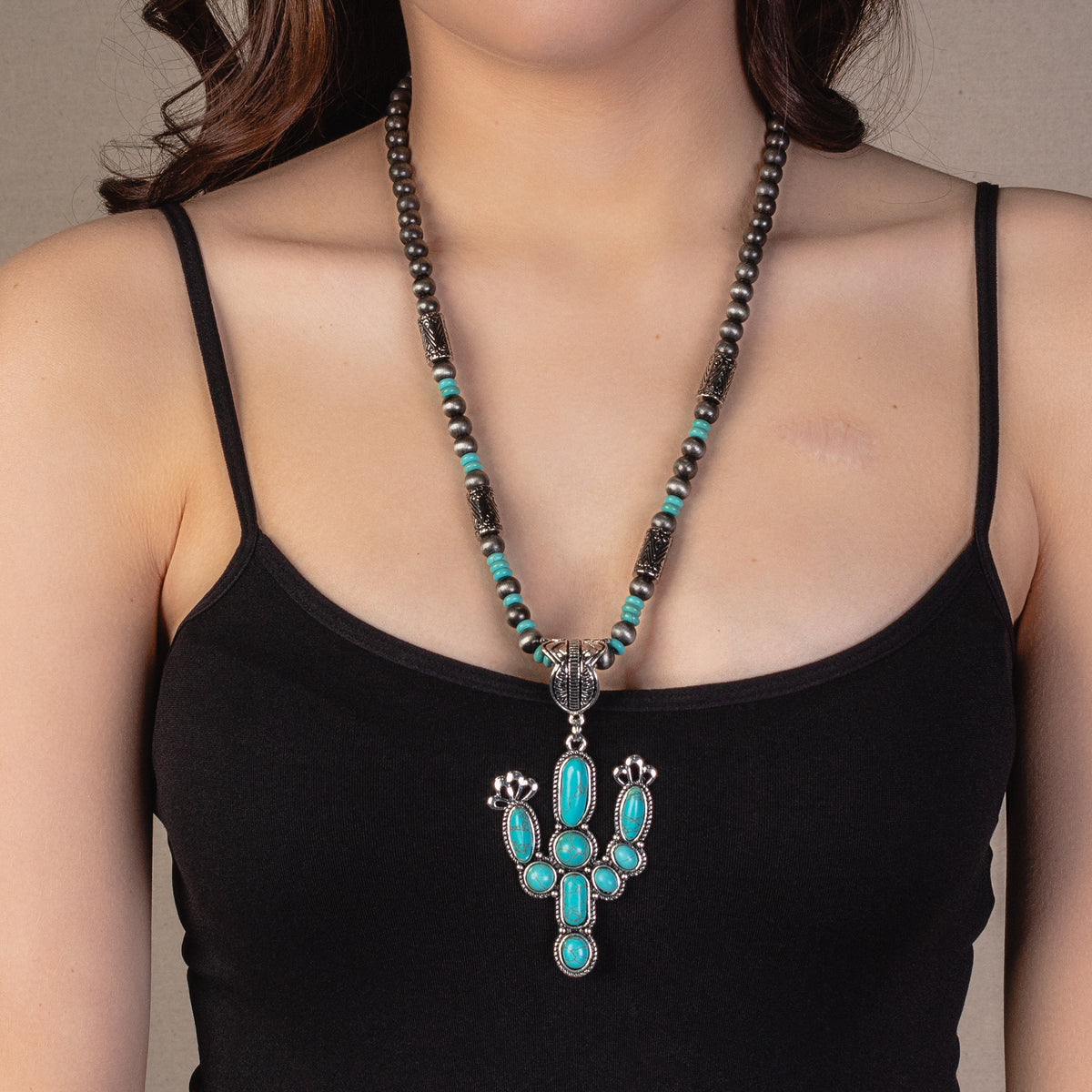 72894 - Squash Blossom Cactus Necklace - Turquoise & Silver