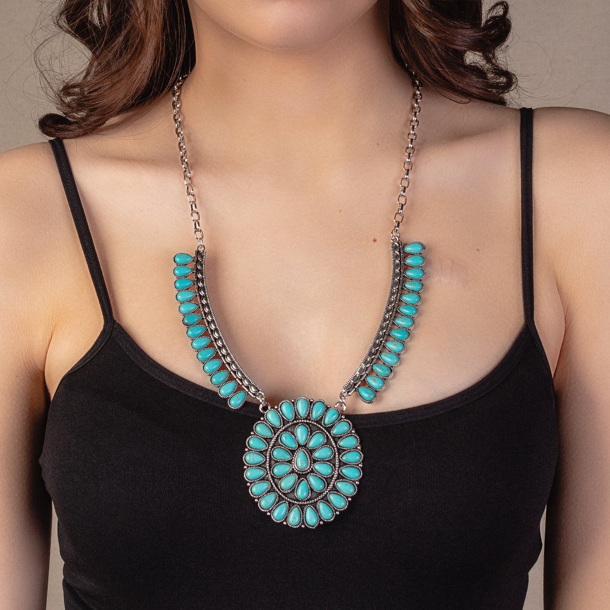 72901 - Squash Blossom Pendant Necklace - Turquoise & Silver