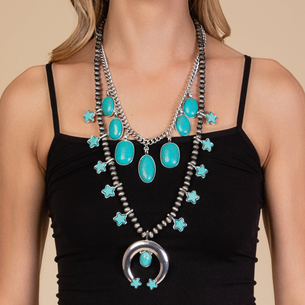 72916 - Star Squash Blossom Necklace - Turquoise & Silver