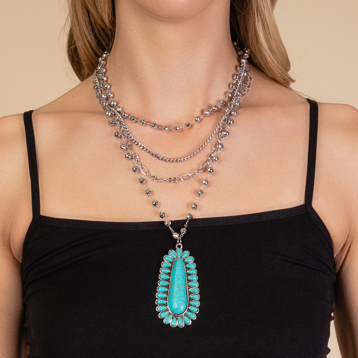 72920 - Layered Squash Blossom Necklace - Turquoise