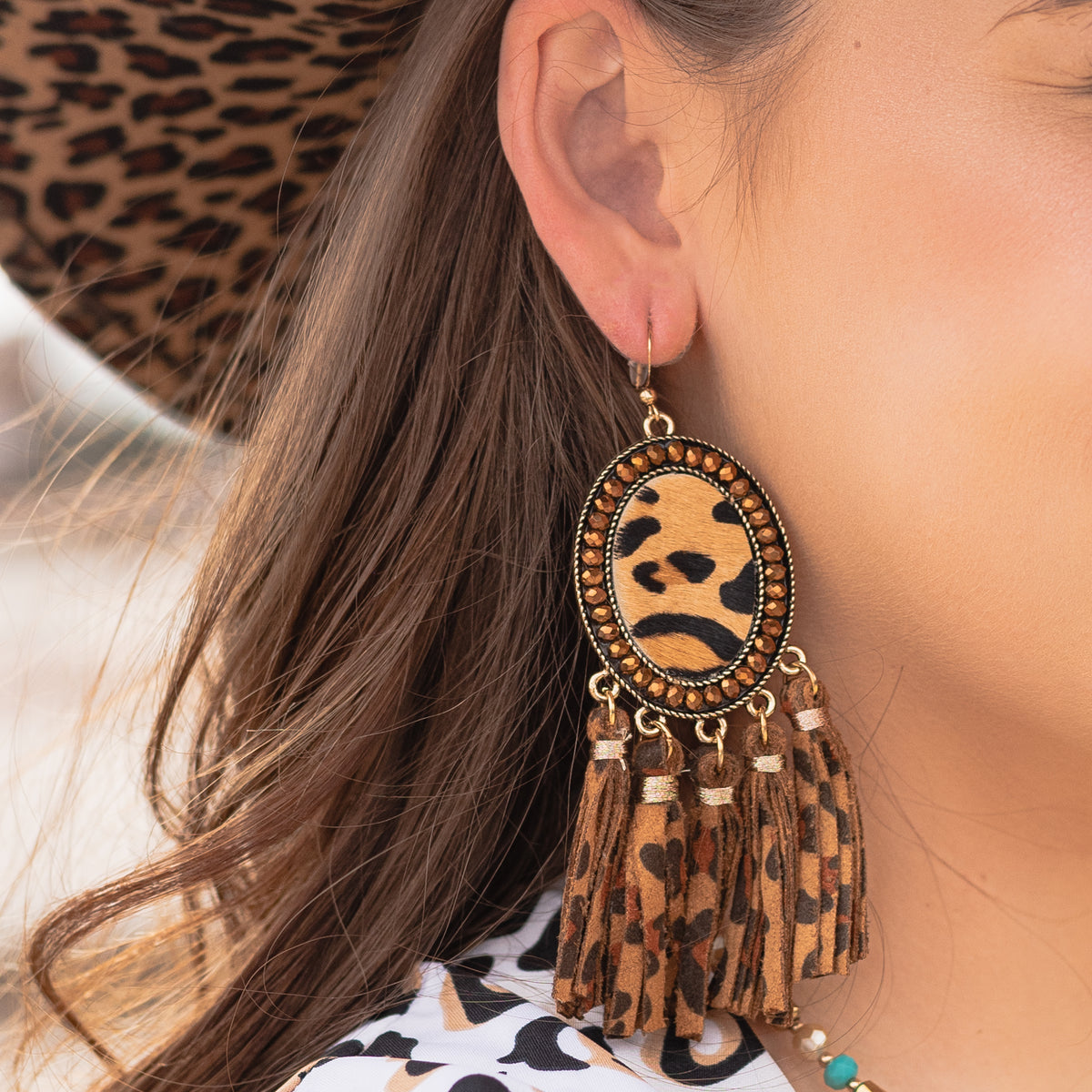 734001 - Animal Hide Tassel Earrings - Cheetah Print - Fashion Jewelry Wholesale