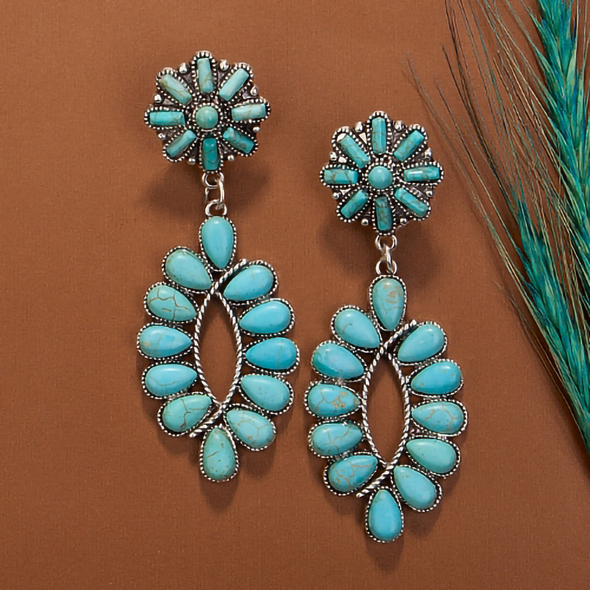 734013 - Squash Blossom Earrings - Turquoise & Silver - Fashion Jewelry Wholesale