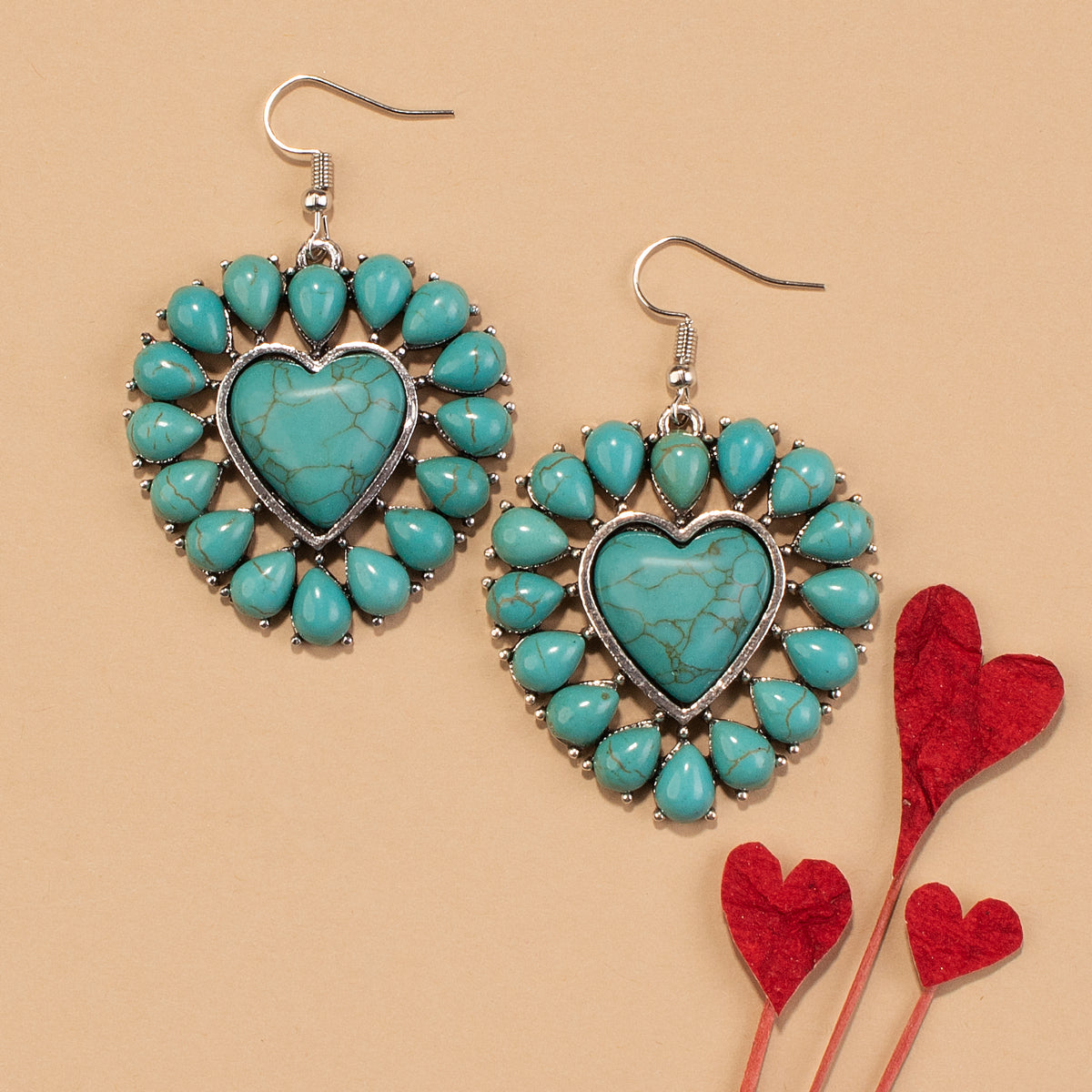 734031 - Heart Earrings - Turquoise & Silver - Fashion Jewelry Wholesale