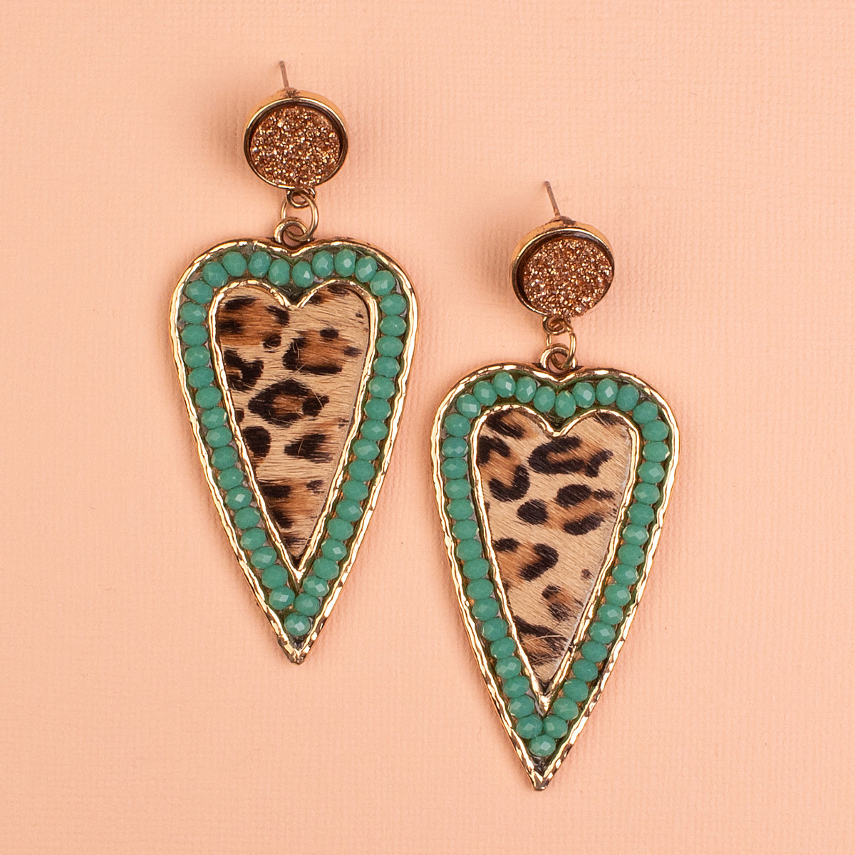 734034 - Leopard Heart Earrings - Turquoise - Fashion Jewelry Wholesale