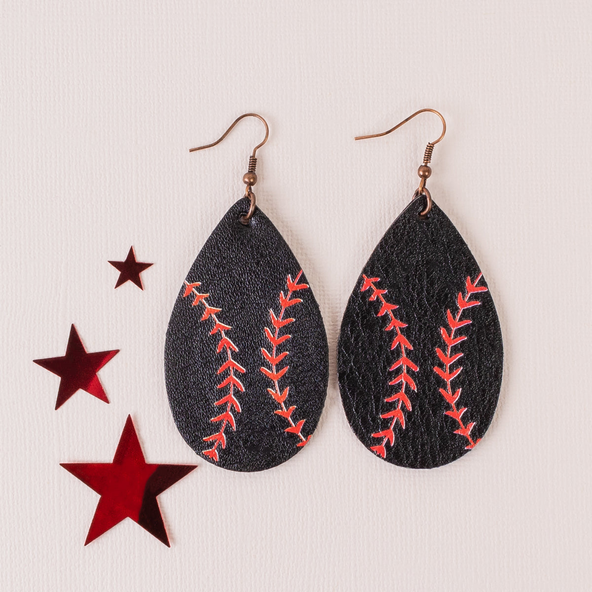 73474-B - Baseball Leather Earrings - Black & Red