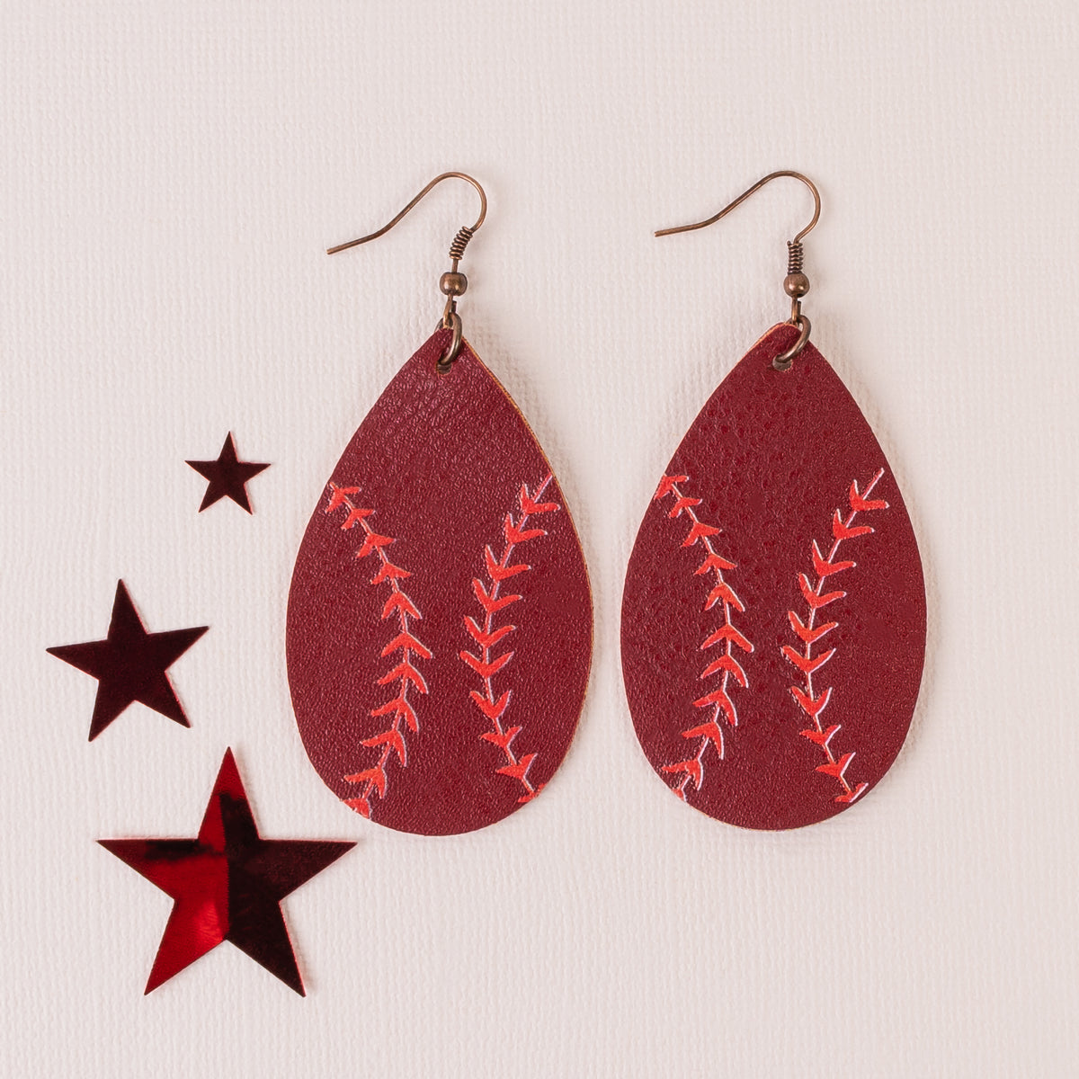 73474-B - Baseball Leather Earrings - Maroon & Red