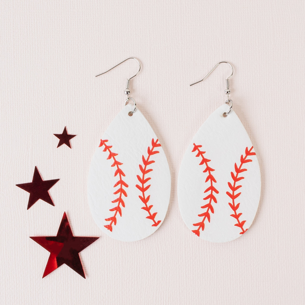 73474-B - Baseball Leather Earrings - White & Red