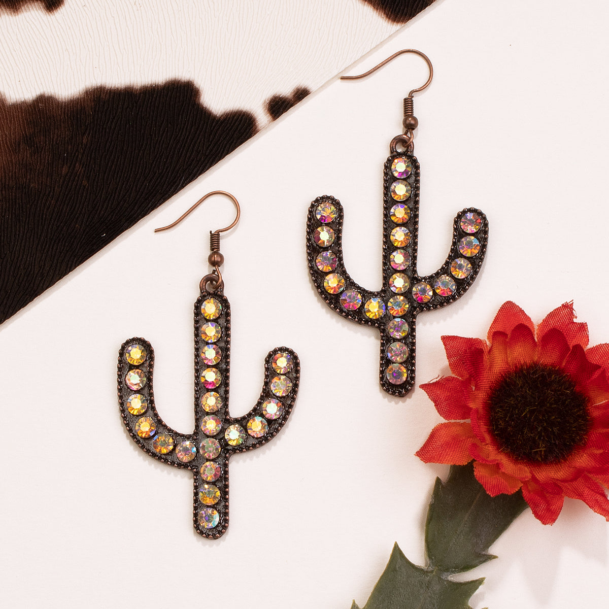 73529 - Crystal Cactus Earrings - Copper & AB - Fashion Jewelry Wholesale