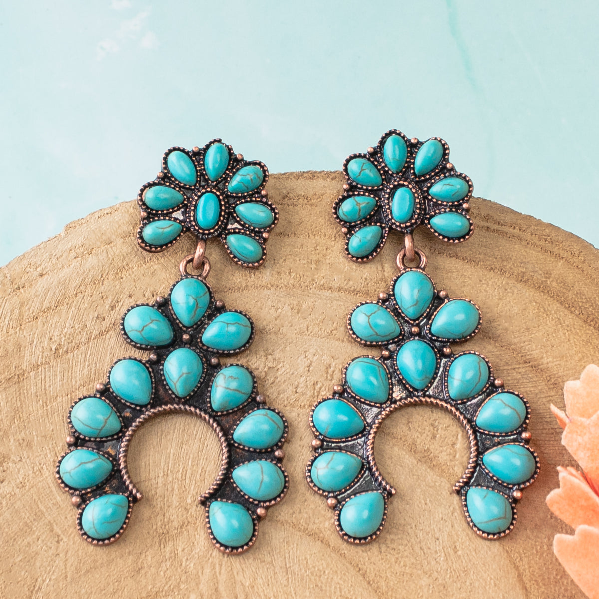 73617 - Squash Blossom Earrings - Turquoise & Copper