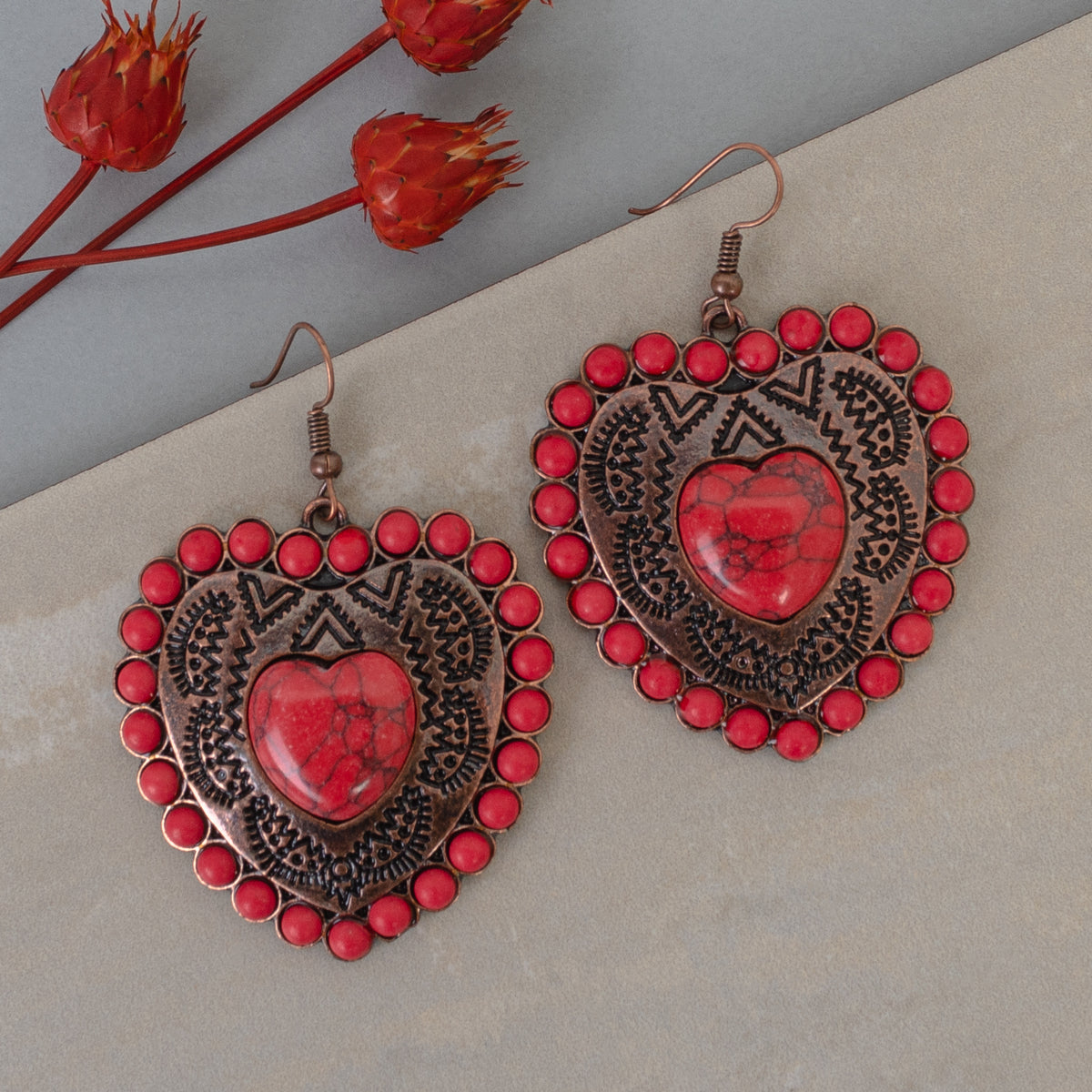 73795 - Heart Earrings - Red & Copper